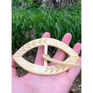 Antique Art Deco HUGE carved Celluloid Ladies Belt Buckle 5"